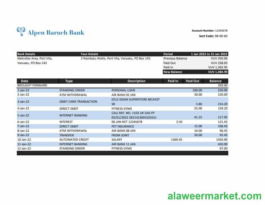 Vanuatu Alpen Baruch bank statement, Excel and PDF template